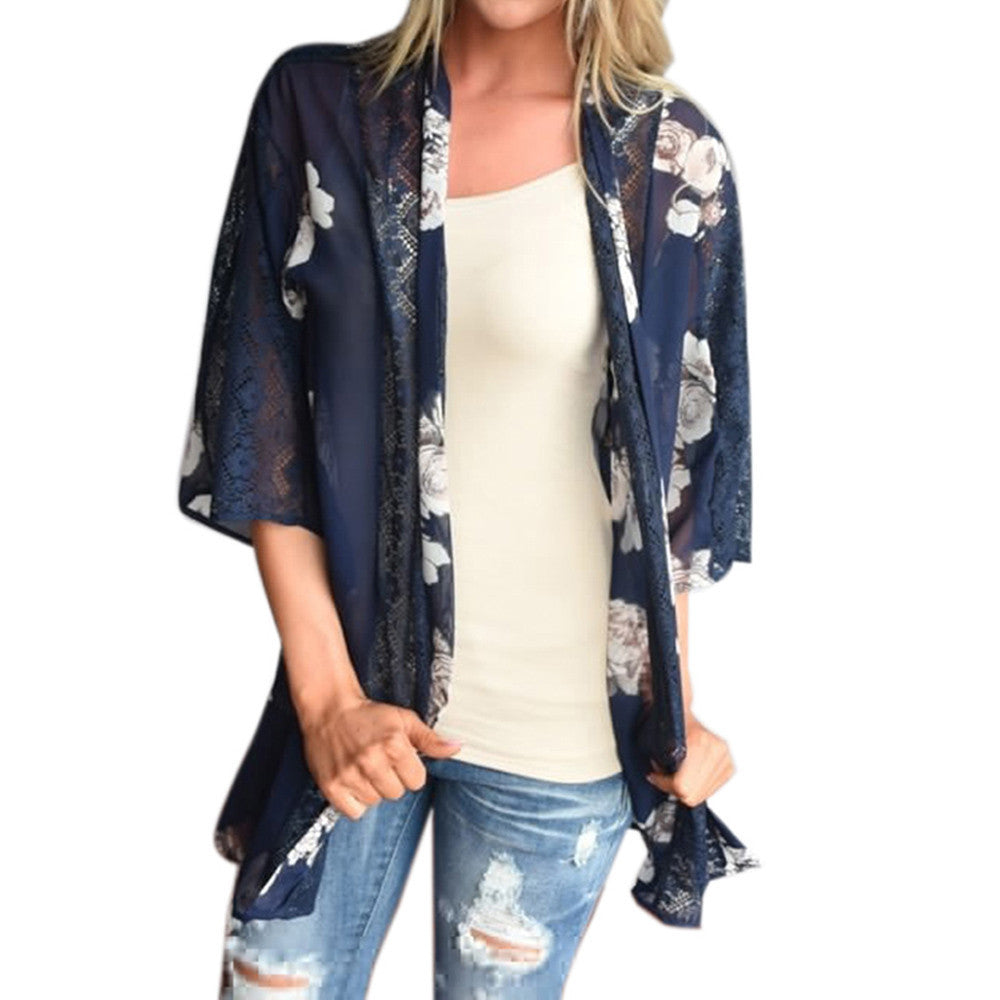 Women Floral Print Beach Chiffon Loose Shawl Kimono Cardigan Top Cover Blouse