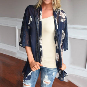 Women Floral Print Beach Chiffon Loose Shawl Kimono Cardigan Top Cover Blouse