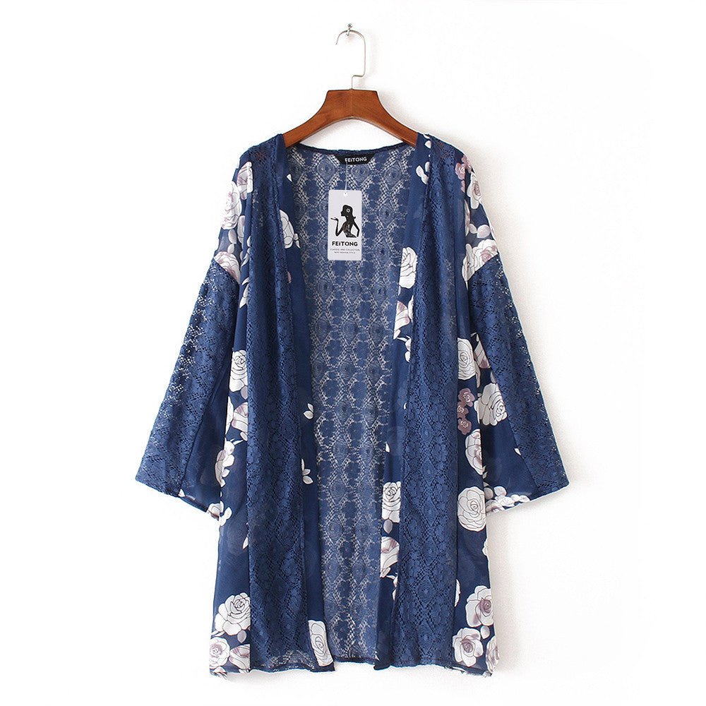 Women Floral Print Beach Chiffon Loose Shawl Kimono Cardigan Top Cover Blouse