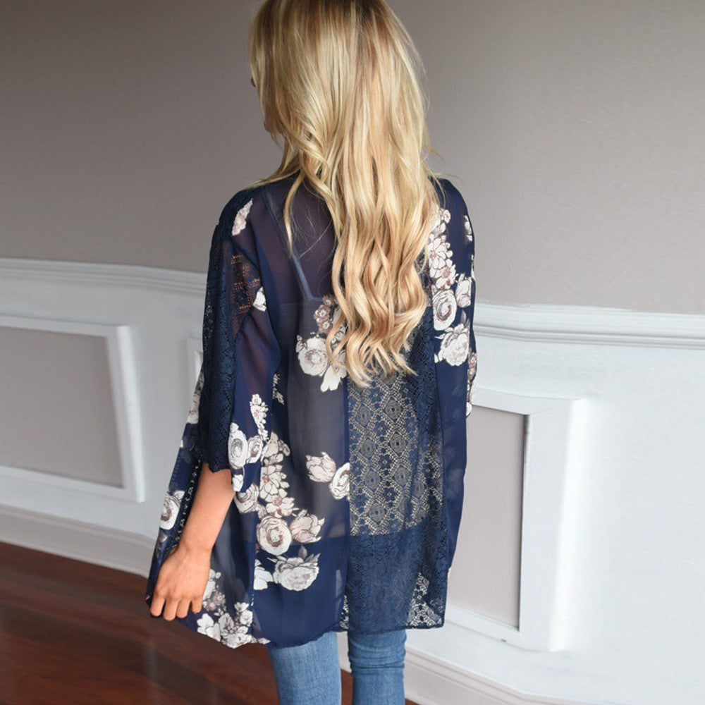 Women Floral Print Beach Chiffon Loose Shawl Kimono Cardigan Top Cover Blouse