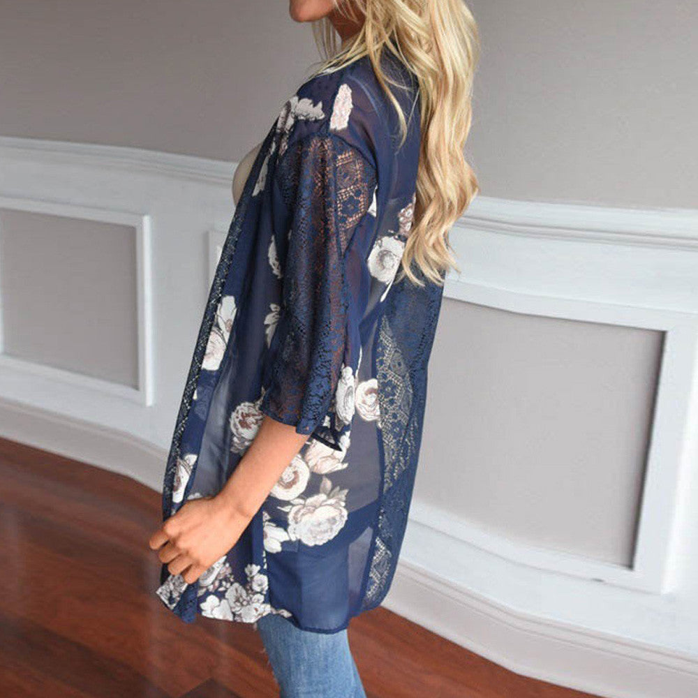 Women Floral Print Beach Chiffon Loose Shawl Kimono Cardigan Top Cover Blouse