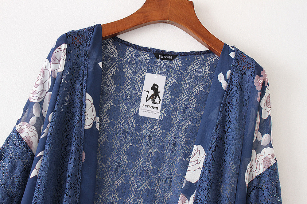 Women Floral Print Beach Chiffon Loose Shawl Kimono Cardigan Top Cover Blouse