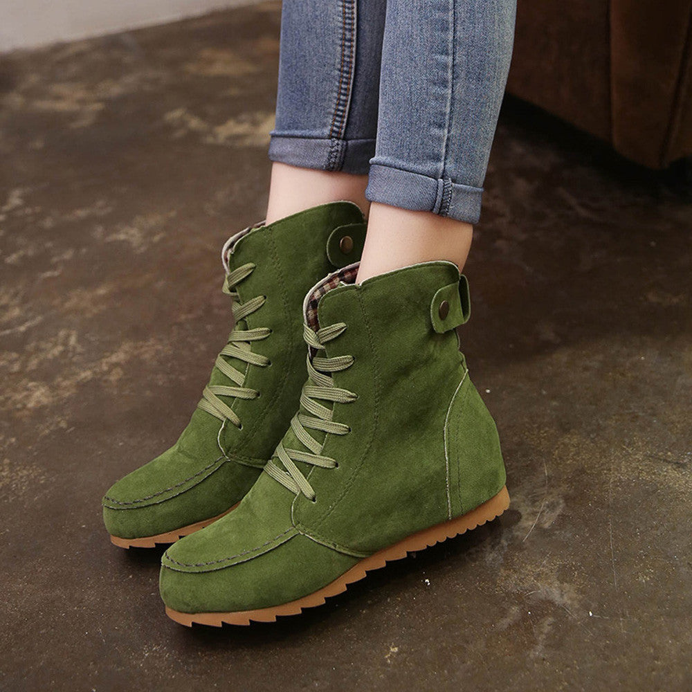 Women Flat Ankle Snow Motorcycle Boots Female Suede Leather Lace-Up Boot