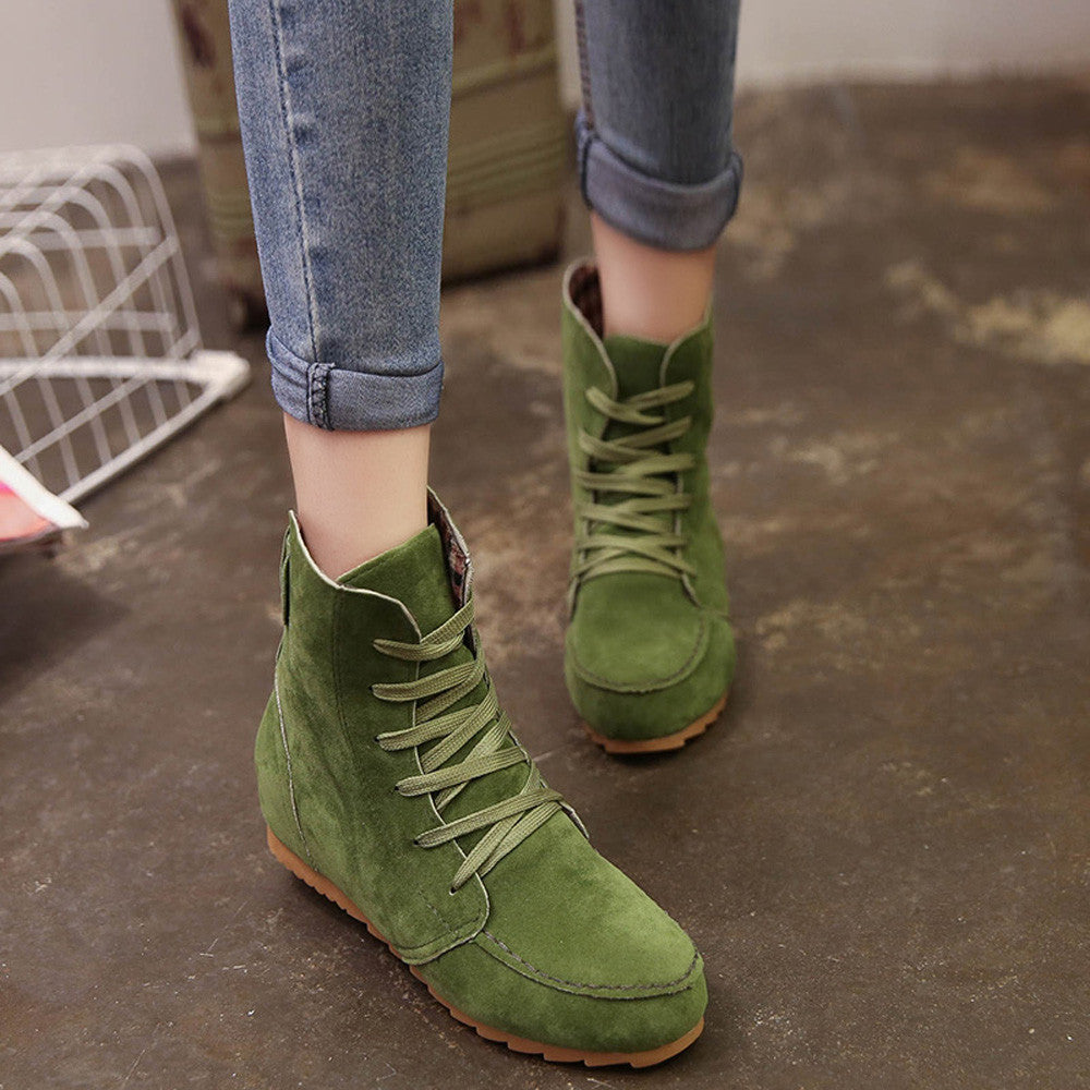 Women Flat Ankle Snow Motorcycle Boots Female Suede Leather Lace-Up Boot