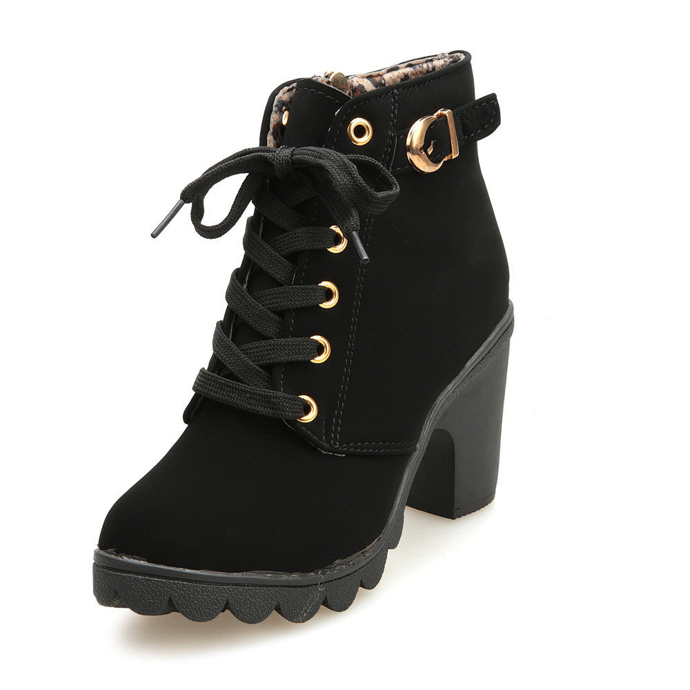 Womens Fashion High Heel Lace Up Ankle Boots Ladies Buckle Platform Shoes